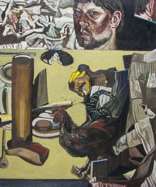 Autoportret z kogutem / olej na płótnie / 120 × 100 cm / 2017