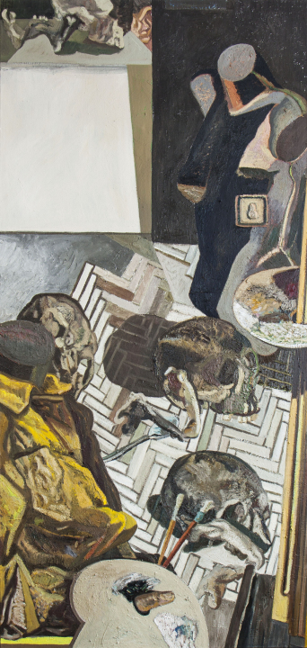 Autoportret z manekinami / olej na płótnie / 190 × 90 cm / 2018